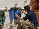 Technician inspecting three blue filter housings on a service wall